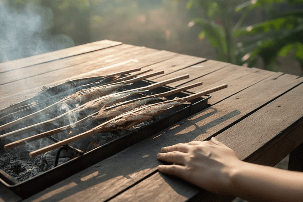 A rustic meal featuring grilled lake fish and ant egg cakes served family-style